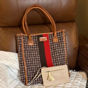 Kate Spade Brown and Red Patterned Tote Bag with Wristlet